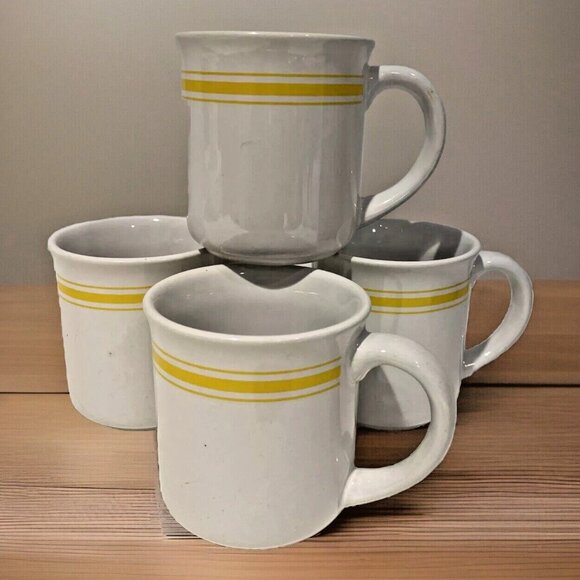 Vintage 1970s CITRUS Yellow Stripe Coffee Mugs Set of 4 Ceramic Retro Rainbow - Picture 1 of 9